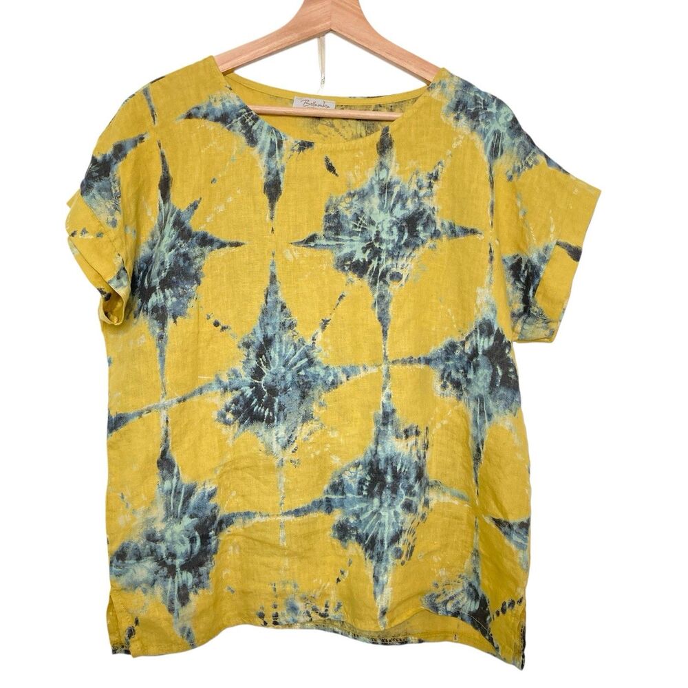 Bellambra Made in Italy Linen Tie Dye Blouse Yellow Blue Flowy Beachy Top Size S